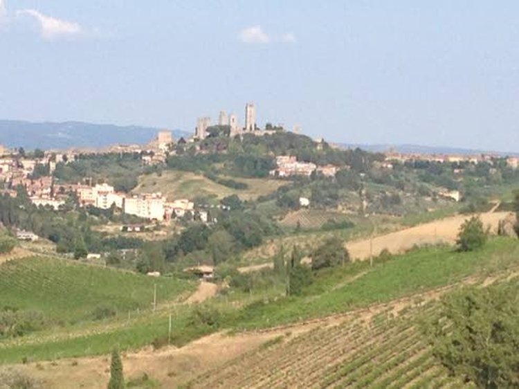 Näkymä viinitilan pihalta San Gimignanon kukkulalle.